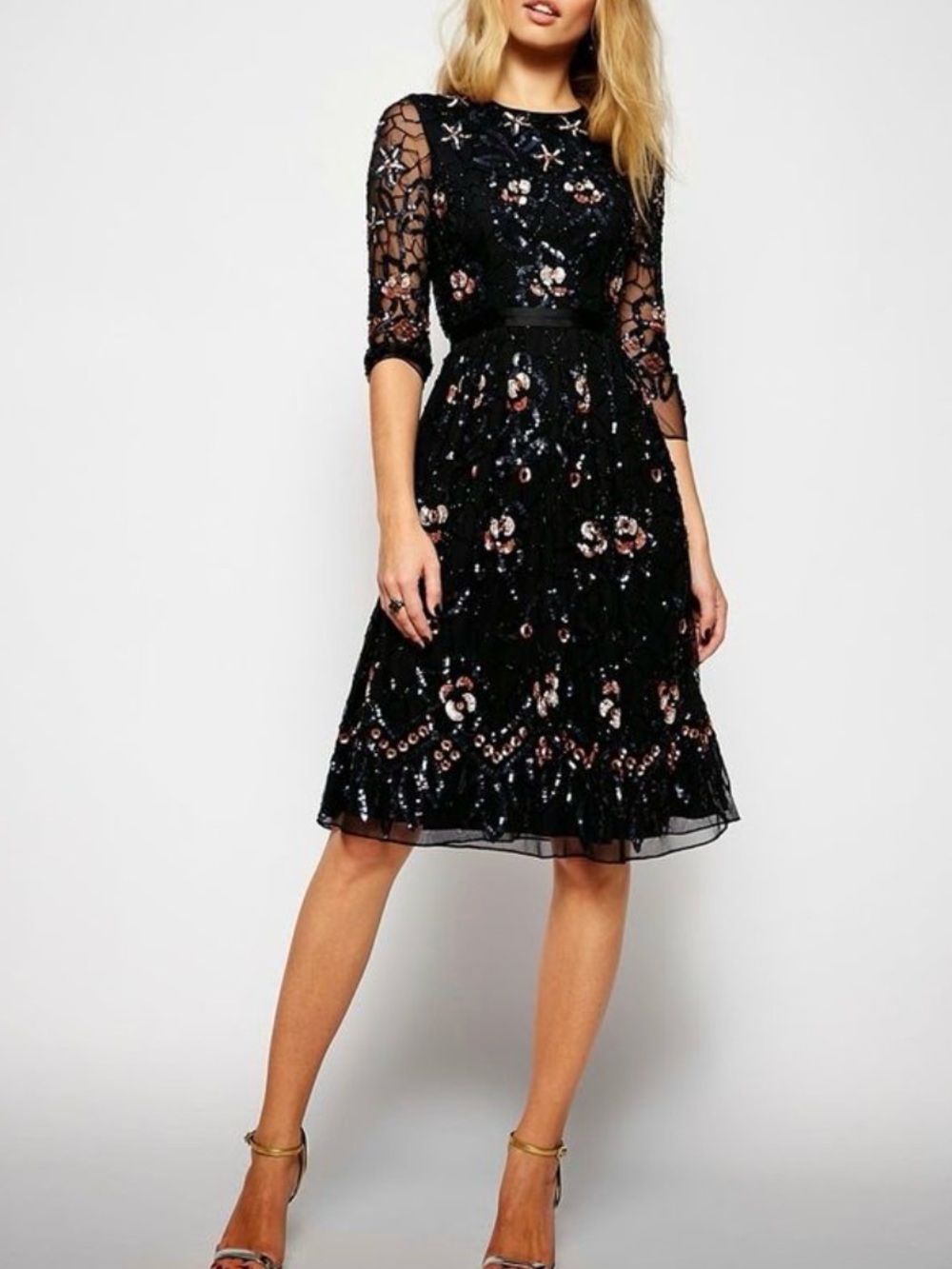 Needle & Thread Black Midi Dress with Rose-Gold Sequin Floral Embroidery